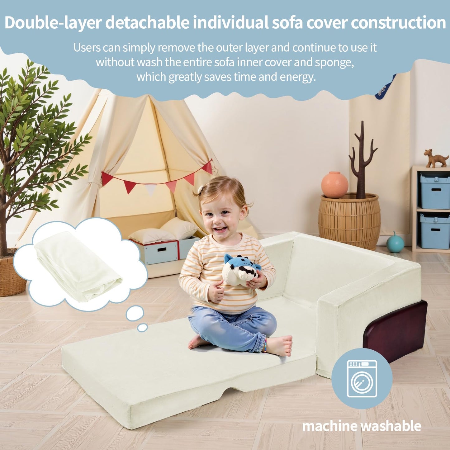 UBINGSOPA Kids Couch, 2-in-1 Sturdy Soft Toddler Couches That Fold Out for Playroom, Kids Chairs Comfy Toddler Wooden Frame