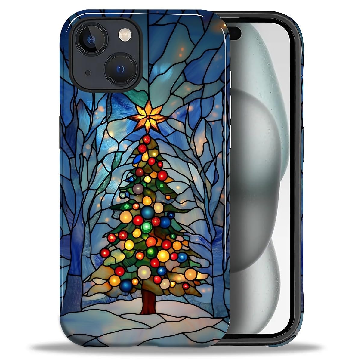 SKAMIX Case for iPhone 15 Plus,Drop Protection Hybrid 2-Layer Hard Phone Cover-Stained Glass Winter Christmas Tree