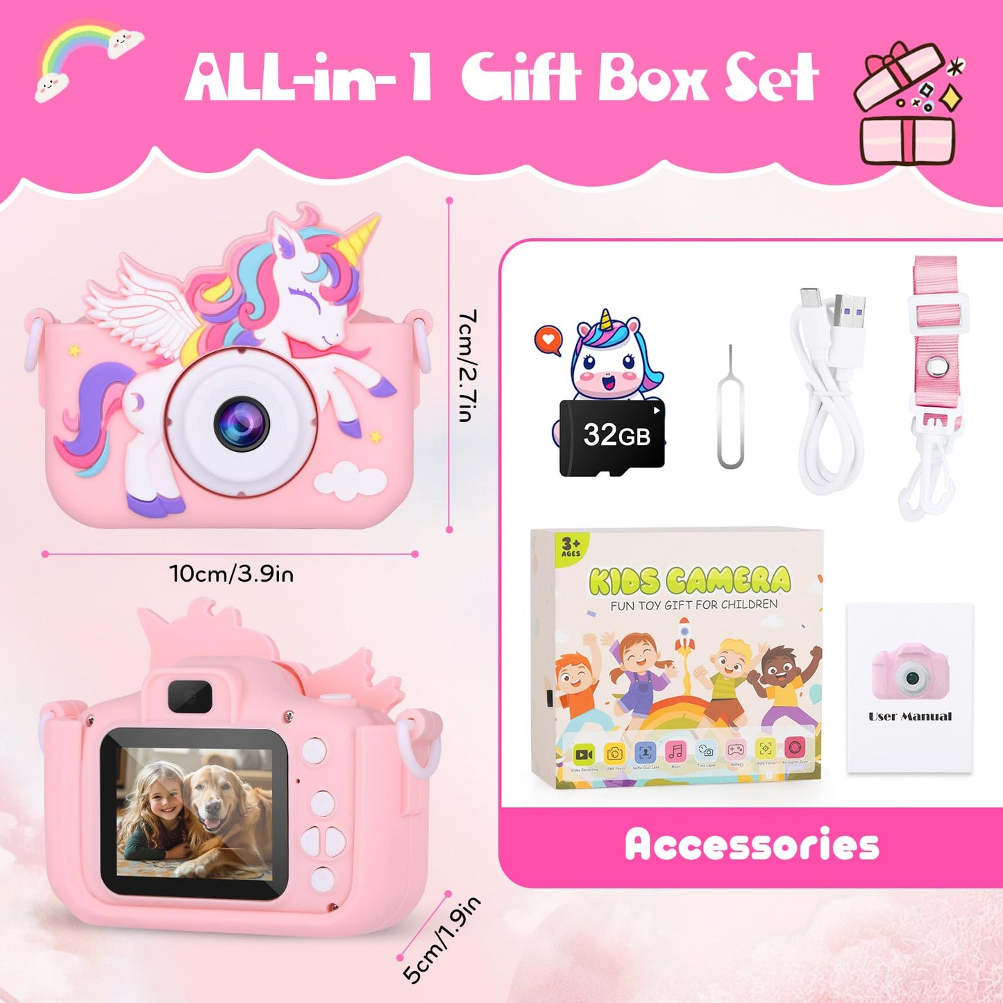 Kids Camera Unicorn Girl Toys, Digital Camera for Kids Age 3-8 Toddler Travel Toys, Birthday Gift for Girls 3 4 5 6 7 8 Year Old Christmas, HD 1080P Video Camera, 32G SD Card Included (Pink)