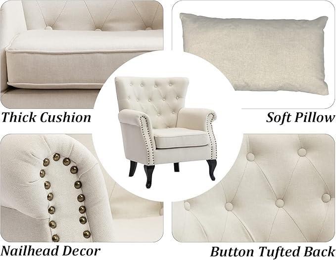 DM Furniture Set of 2 Mid-Century Modern Accent Chair, Linen Fabric Armchair w/Tufted Back/Wood Legs, Upholstered Lounge Arm Chair Single Sofa for Living Room Bedroom, Beige
