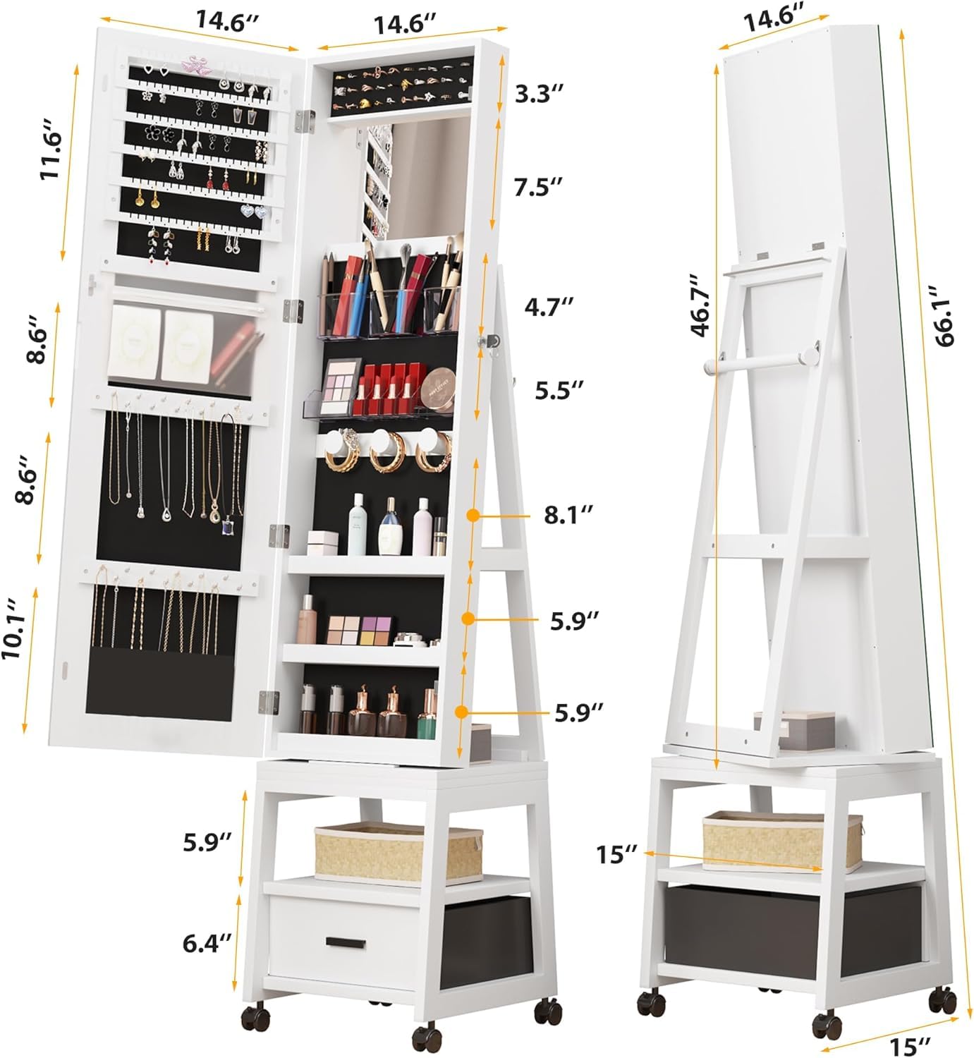 Takywep 360° Swivel Jewelry Armoire with Storage Shelf & Drawer, 66" H Full-Length Mirror Jewelry Armoire, Floor Standing Jewelry Organizer Cabinet with Wheels, White