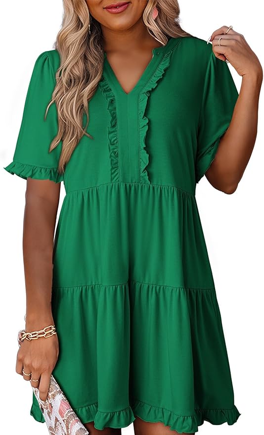 Dokotoo Womens Summer Dresses V Neck Short Sleeve Casual Empire Waist Flowy Babydoll Mini Dress
