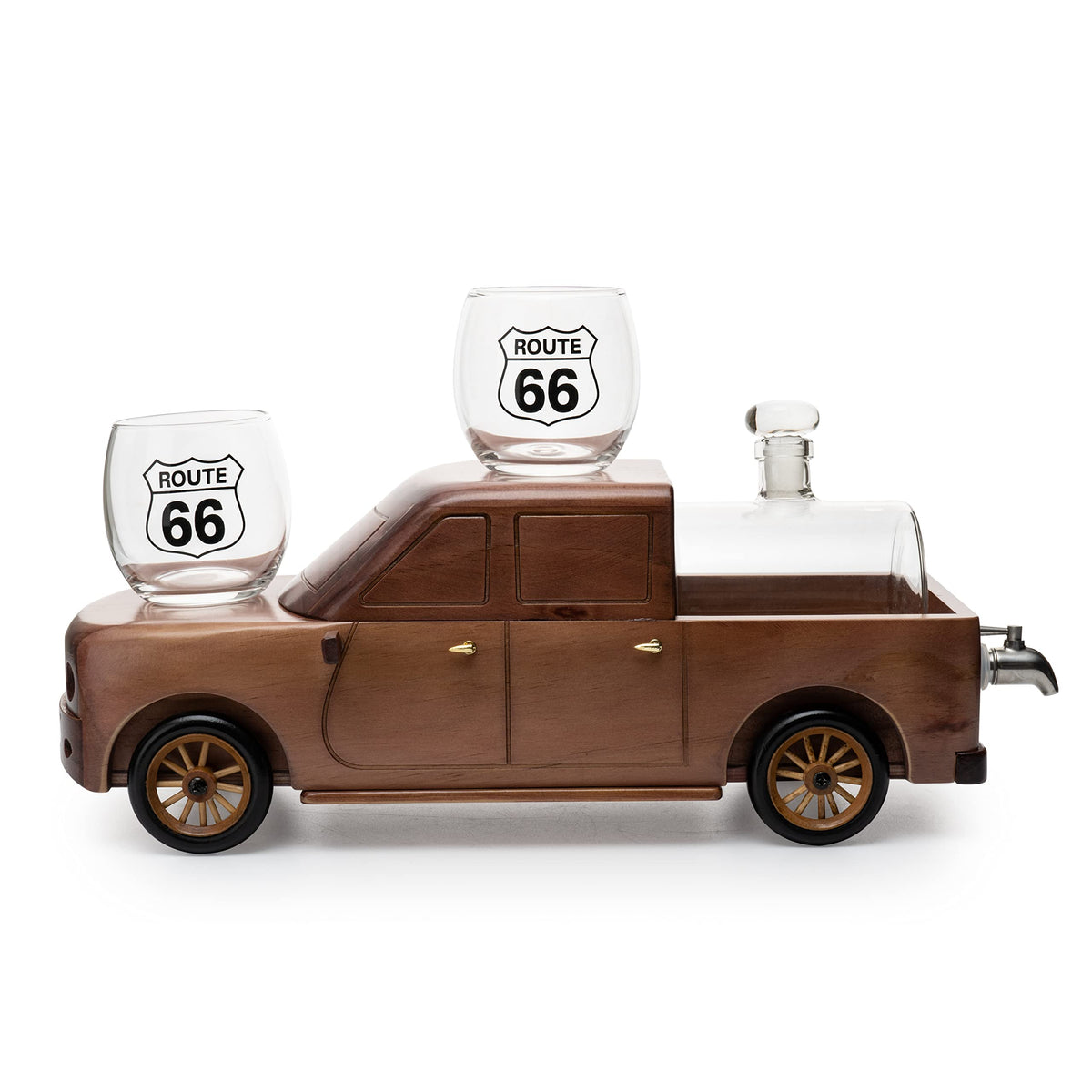 Pickup Truck Wine & Whiskey Decanter Set 500 ml & Two 12 Oz Route 66 Glasses - Gifts for Him, Dad Driver Trucker Gifts, Truck, Whiskey Gifts for Men, Personalized Gifts for Men