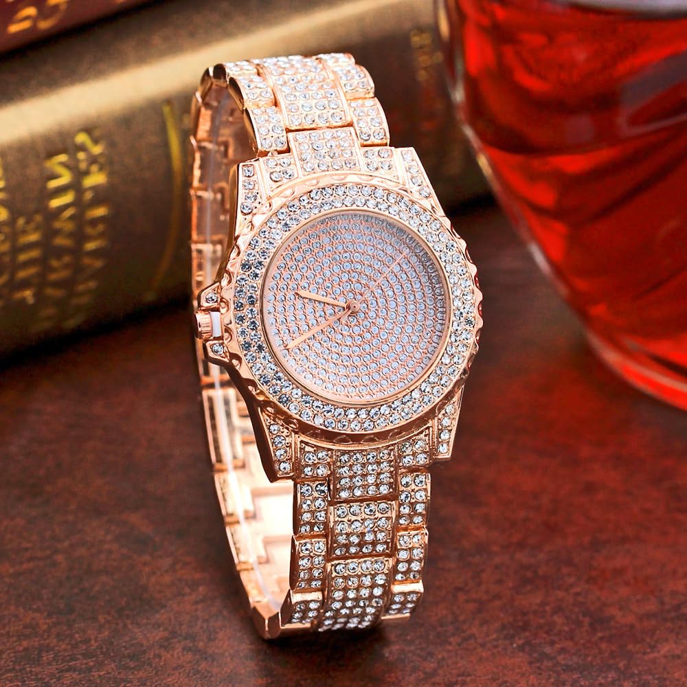 ARMRA Diamond Watch Iced Out Bling Rhinestone Gold Plated Silver Watch Stainless Steel Quartz Wrist Watches for Women Ladies Hip hop Men