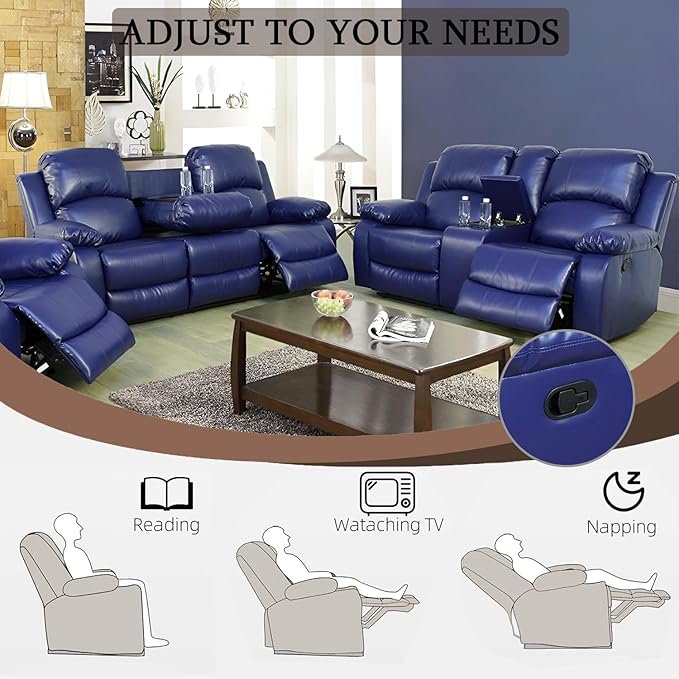 Caberryne 2 Pieces Leather Recliner Sofa Set，Recliner Sofa and Loveseat Sets for Living Room Furniture，Purple Reclining Couch with 4 Recliners for Living Room/Office/Theater Seating(Sofa Set 2 Pieces)