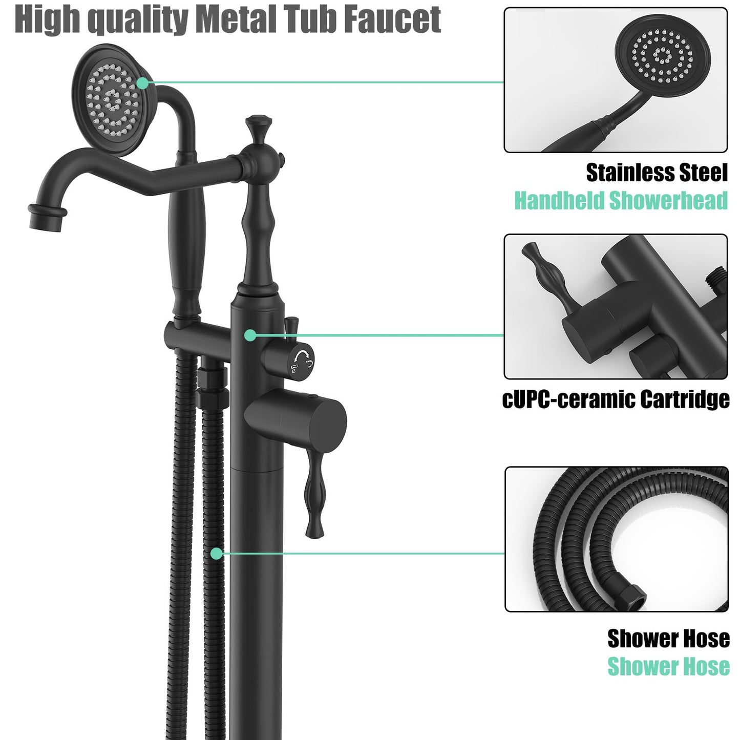 Hoimpro Free Standing Tub Faucet Freestanding Tub Filler Bathtub Faucet Stand Alone Floor Mounted Bathtub Faucet Set Handheld Sprayer Brass Matte Black