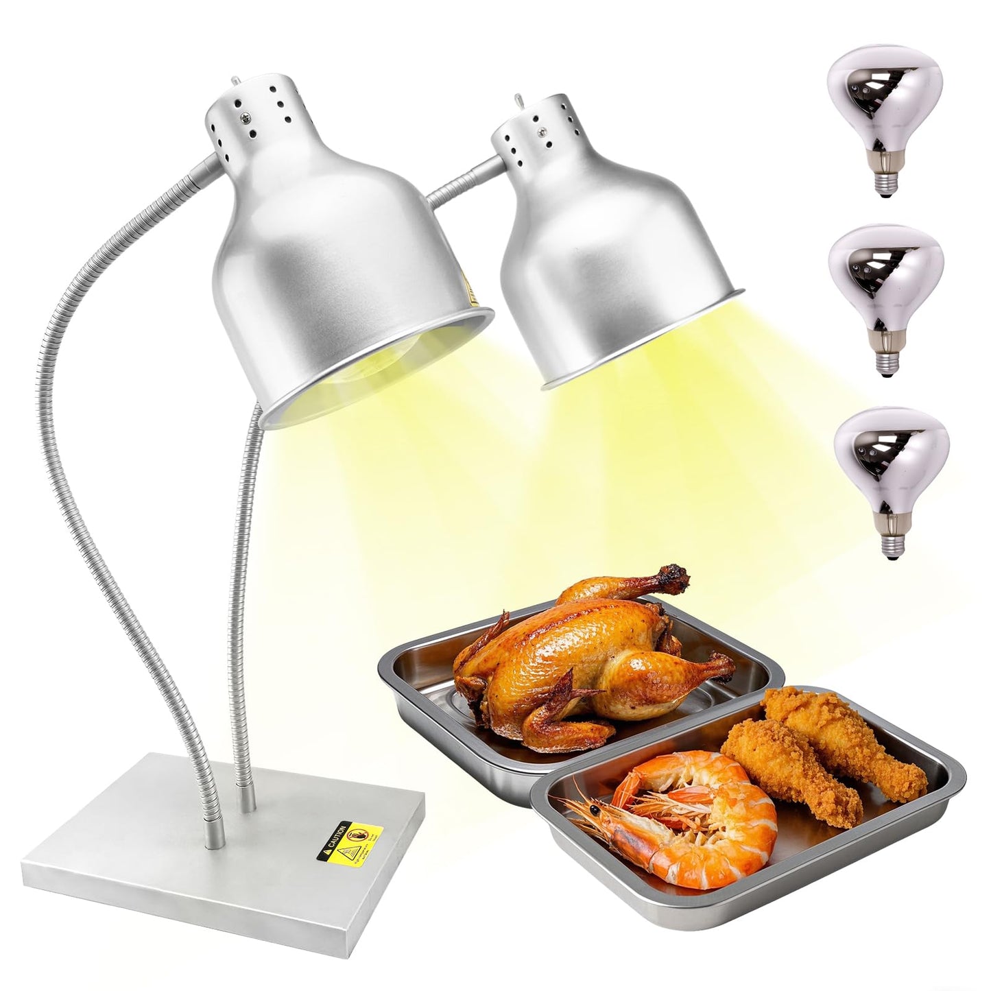 Commercial Head Food Heat Lamp, FUXULLACO Portable Electric Food Warmer 3-Bulb 550W Electric Warming Lights for Food Service Restaurant Buffet Kitchen (Silver)