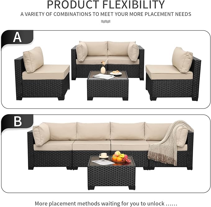 WAROOM Outdoor Patio PE Wicker 5 Piece Furniture Set, Black Rattan Sectional Conversation Sofa Chair with Coffee Table,Khaki Cushion