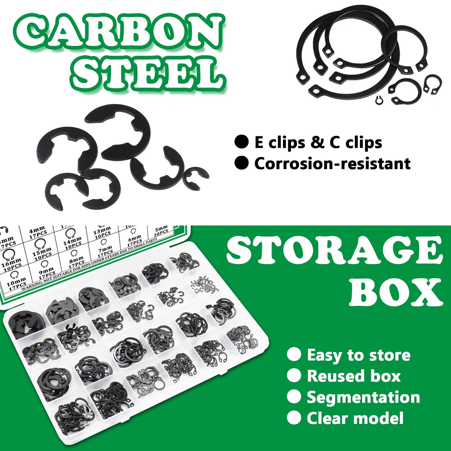 Aienxn 330PCS Snap Rings Assortment Kit, E Clips Assortment Kit (2MM-12MM) and C Clips Assortment Kit (5MM-16MM), 24 Sizes External Retaining Rings Carbon Steel Circlip Snap Ring Kit