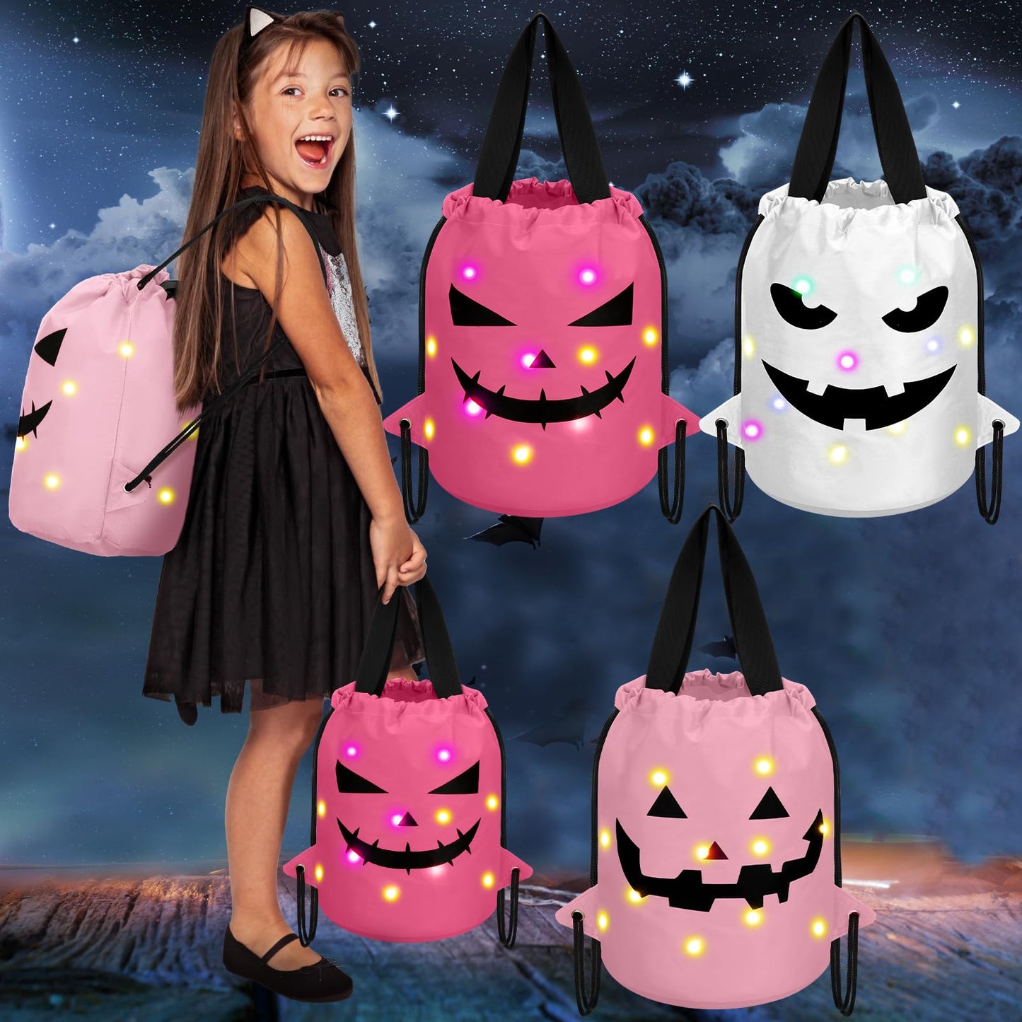 Talltalk 3 Pcs Halloween Light up Bucket LED Treat Drawstring Bags Multipurpose Reusable Pumpkin Candy Goodies Bucket for Kids Halloween Supplies Favors(White, Pink, Dark Pink)