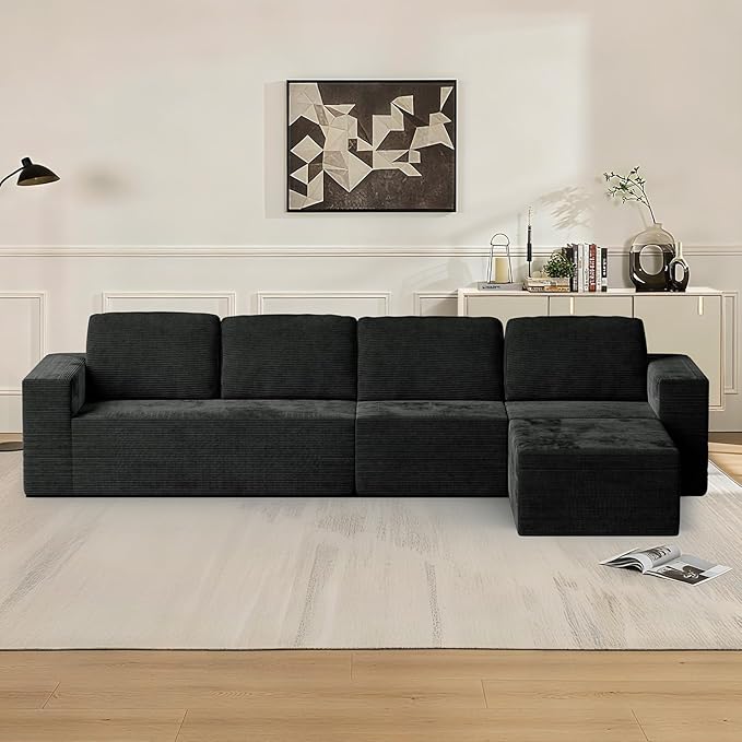 Furnify 136" Cloud Sectional Couch, Left/Right Facing Convertible Sofa with Deep Seat, L-Shape Modular Upholstered Foam Couch for Living Room Bedroom, No Assembly Required (Corduroy Fabric, Black)