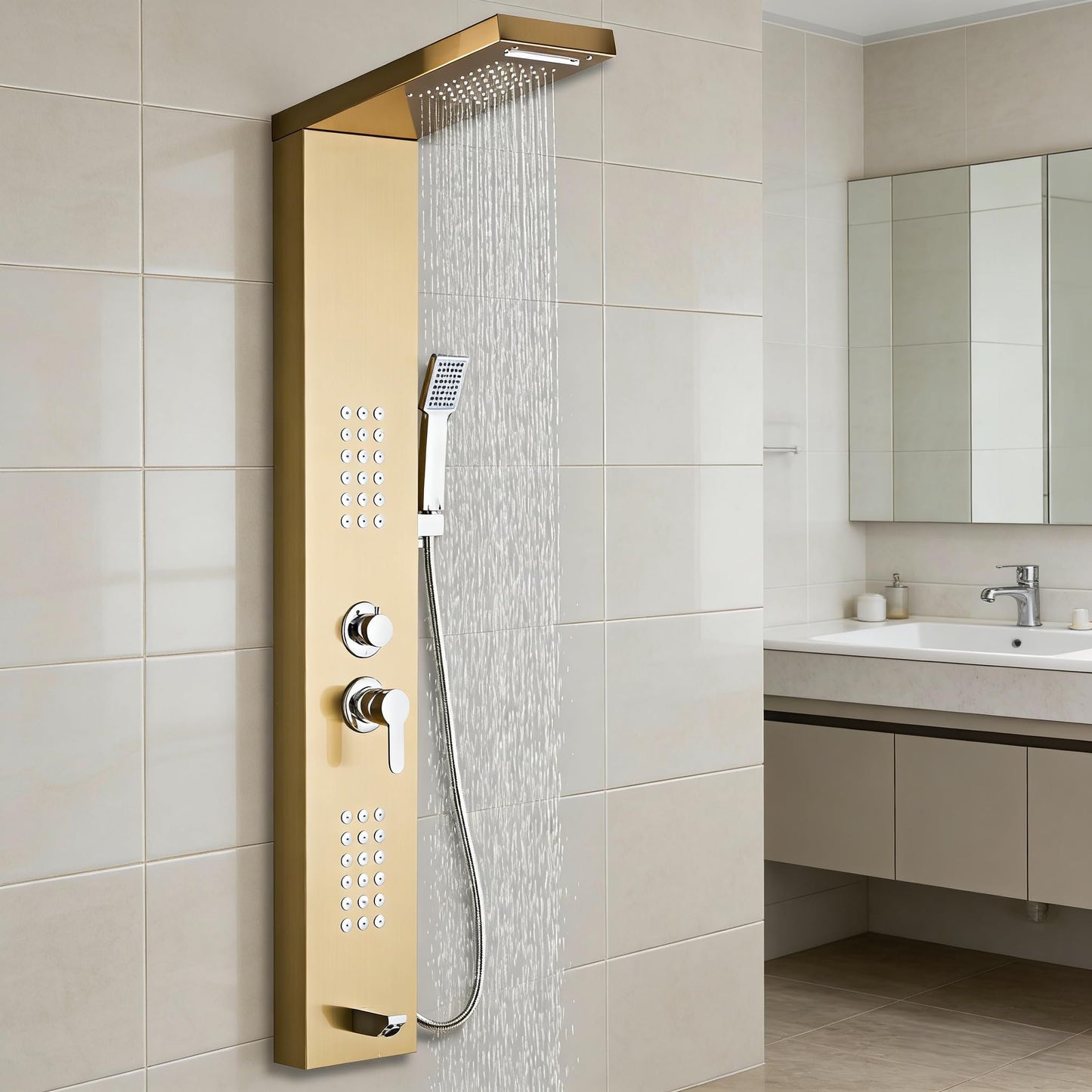 HSYLYPA Shower Panel Tower System 5-in-1 Shower Panel Tower with Powerful Body Massage, Rainfall, Waterfall,Handheld and Tub Spout, Stainless Steel Shower Column - Brushed Gold
