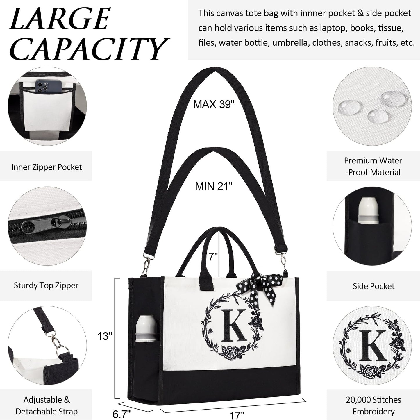 Personalized Mothers Day Gifts for Women, Initial Canvas Tote Bag & Makeup Bag Monogrammed Beach Tote Bag for Women w/Zipper, Birthday Gifts for Women Mom Her Girlfriend Wife Sister Friend Daughter