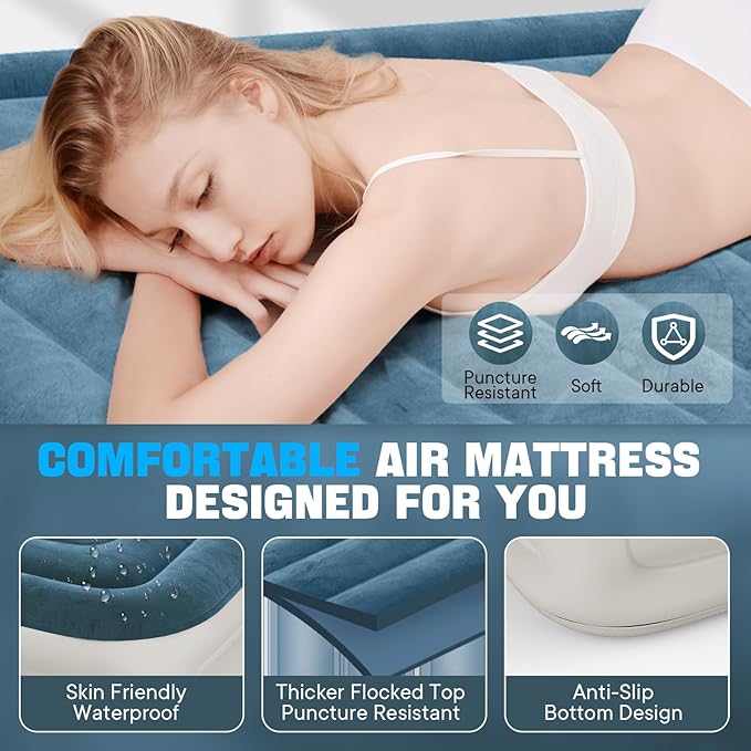 VOSSER Queen Air Mattress with Built-in Pump,Fast & Easy Inflation/Deflation Inflatable Mattress, Foldable Blow Up Mattress with Storage Bag, Inflatable Bed for Home, Camping & Guests