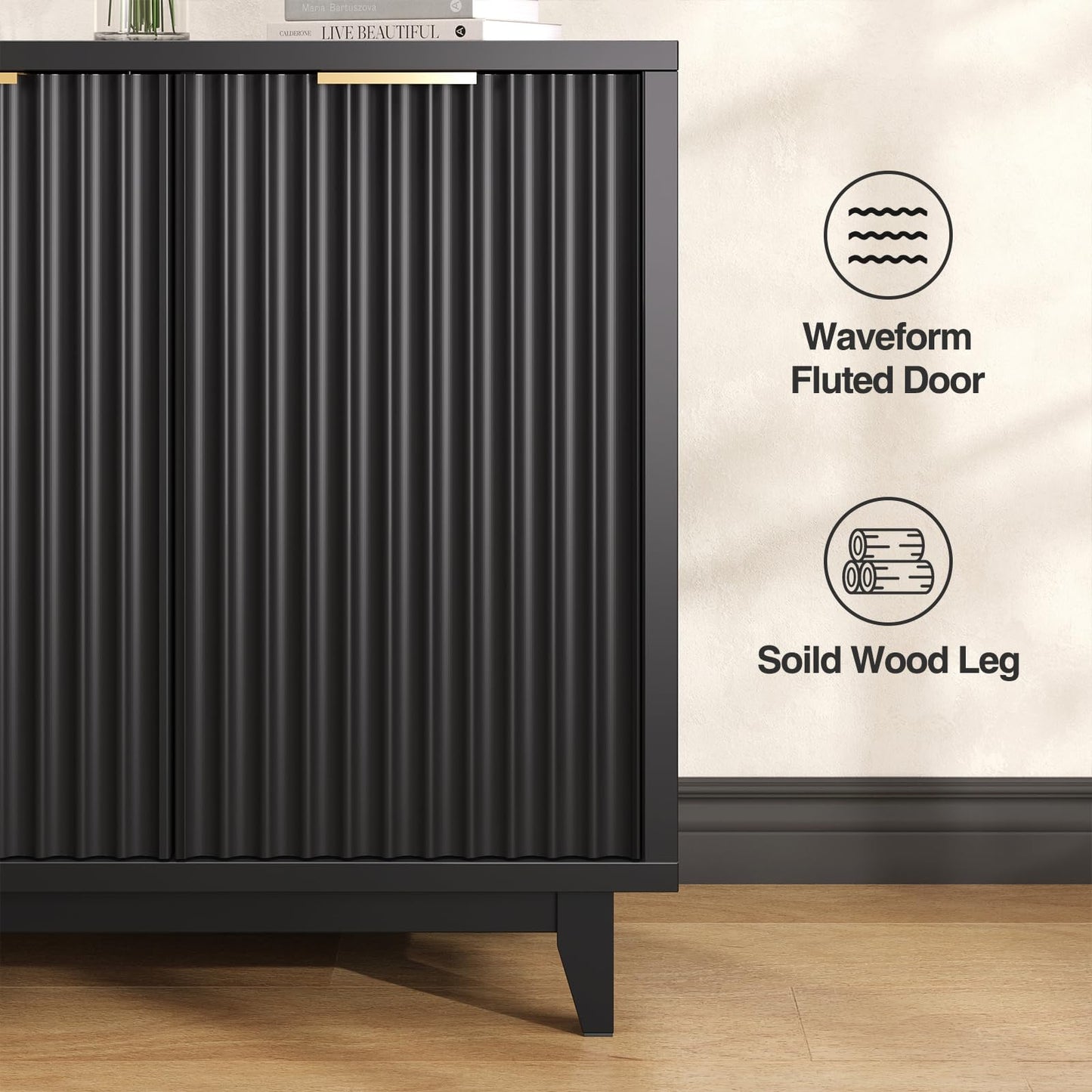 Modern Fluted Coffee Bar Cabinet with Removable Wine Rack and Adjustable Shelf, Solid Wood Legs, Multi-Functional Sideboard Buffet for Kitchen, Dining Room, Living Room, Entryway, Black