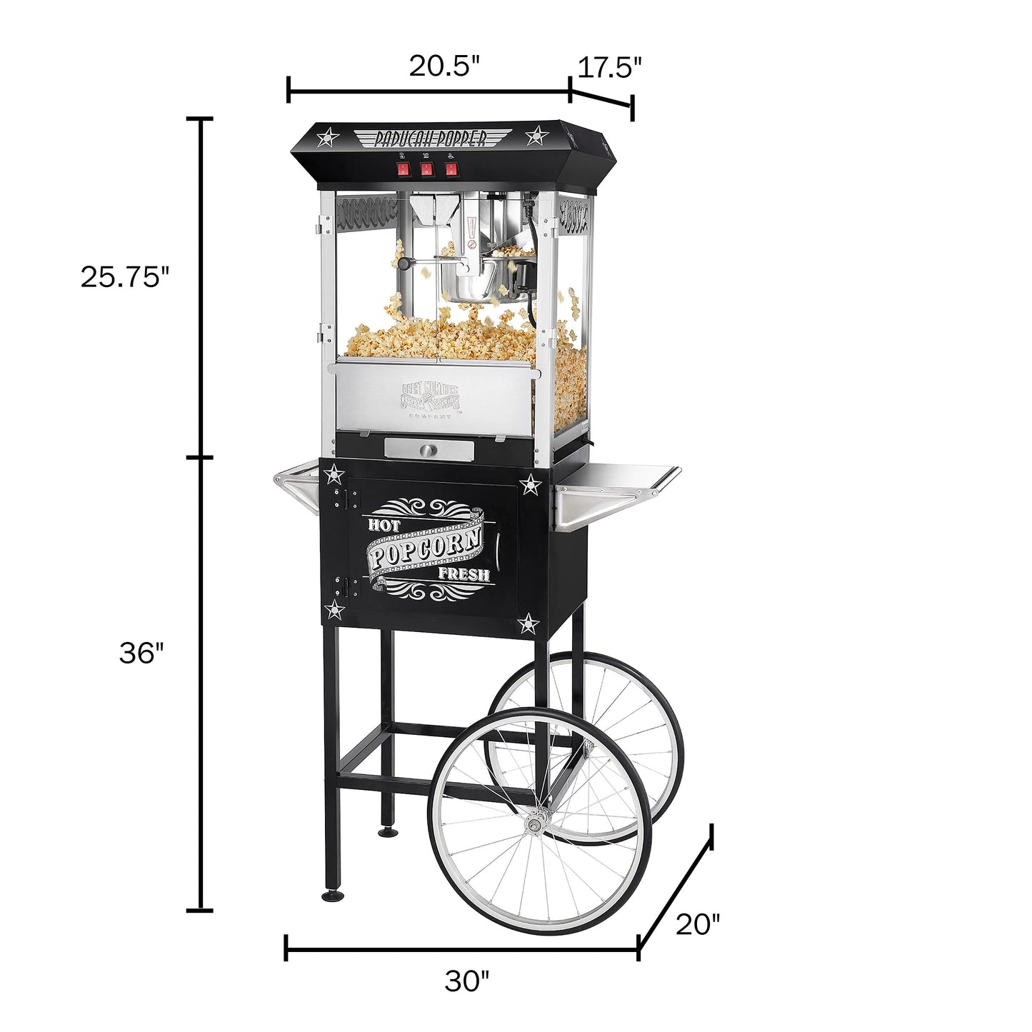 Paducah Popcorn Machine - 3-Gallon Antique Popper with Cart, 8oz Kettle, Old Maids Drawer, Warming Tray, and Scoop by Great Northern Popcorn (Black)