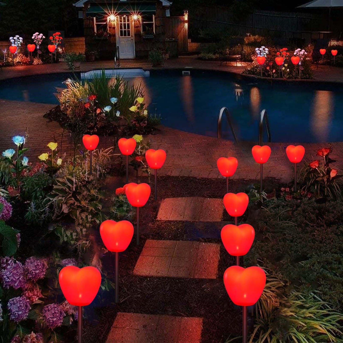 Abkshine Set of 6 Solar Red Heart Stake Lights for Valentines Day Decor, Outdoor Waterproof Heart Shaped Light for Garden Pathway Flowerbed Cemetery Grave Porch Walkway Valentine's Theme Decorations