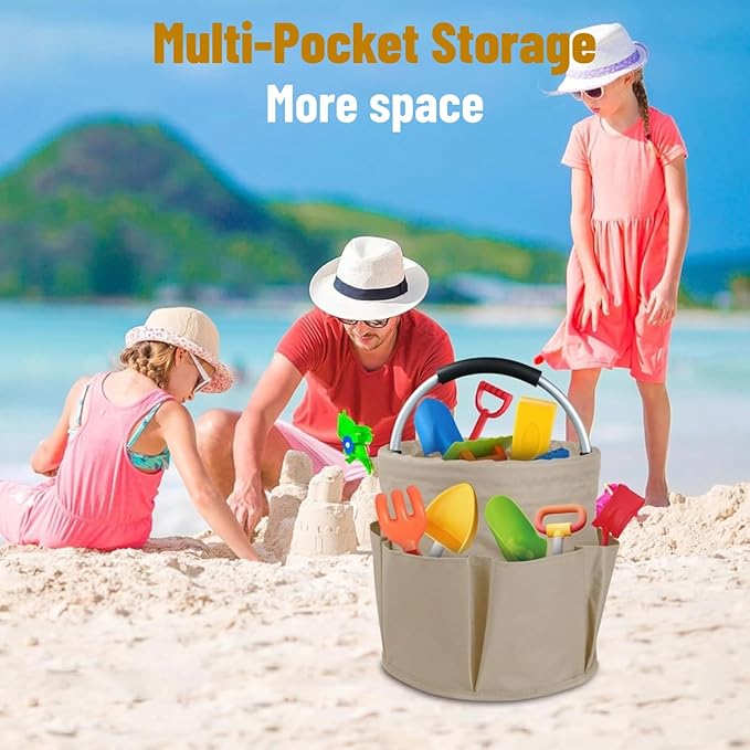 17L Foldable Storage Basket with 6 Side Pockets Cleaning Caddy with Handle Folding Storage Bin for Home Bathroom Camping Gardening (Khaki)