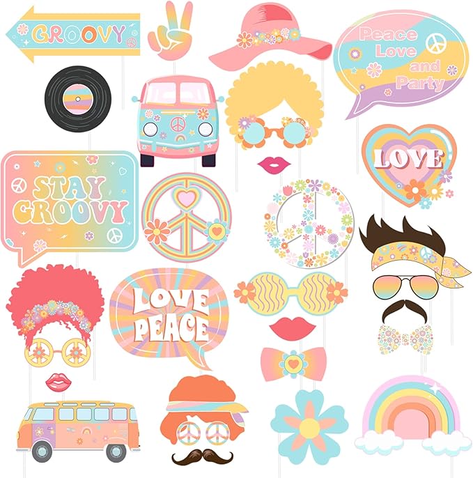 Cheereveal Groovy Party Decorations - 30 Pcs Groovy Photo Booth Props, Retro Boho Girl Party Supplies, Hippie Party Decora...
