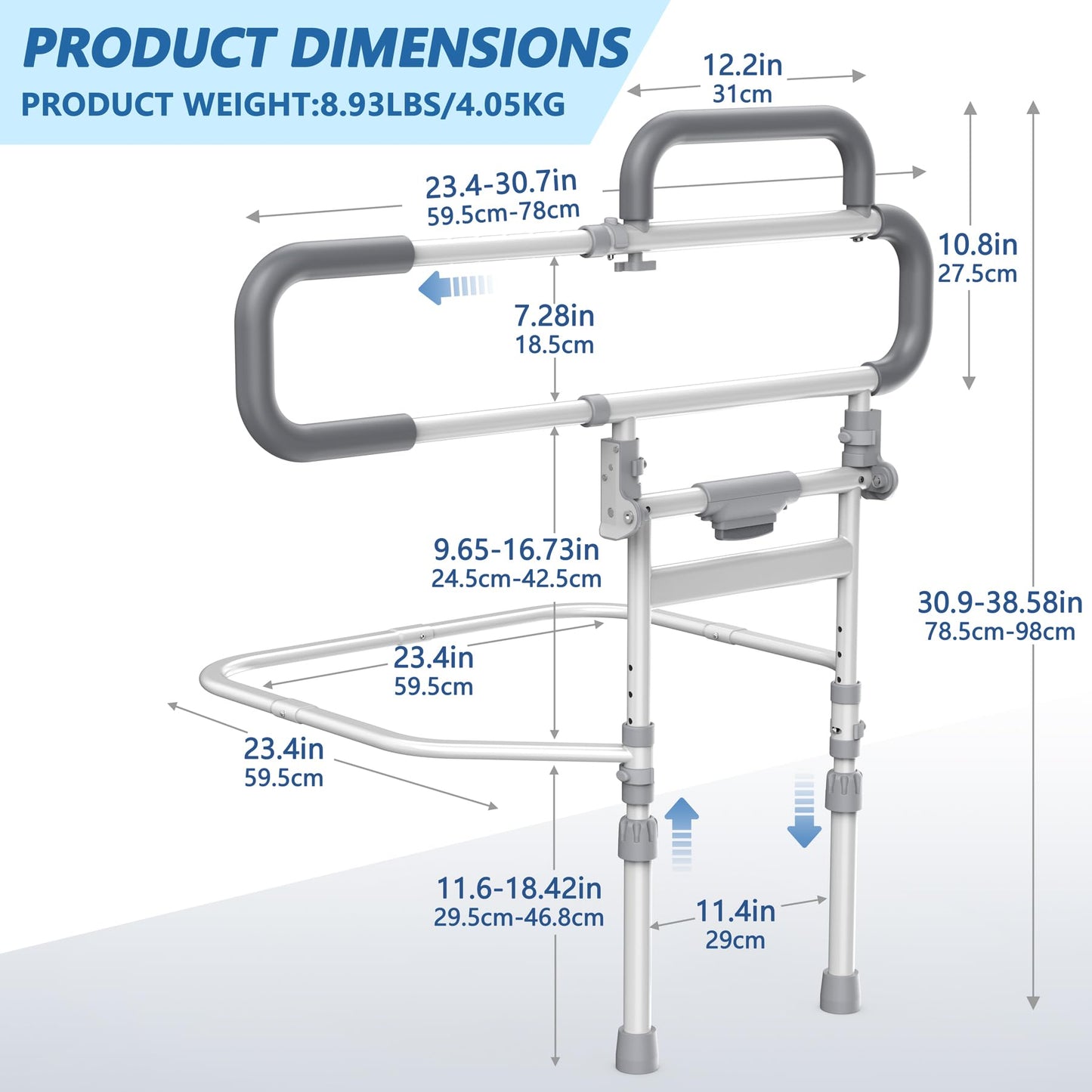 Lemagalu Heavy Duty Bed Rails for Elderly Adults Safety-Foldable Bed Rail for Senior with Adjustable Heights Fits All Bed Sizes，Bed Handle Bedside Assist with Pocket -504M (White and Gray)