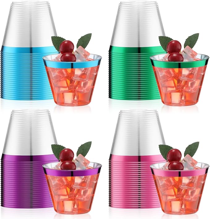 Zhehao 100 Pcs 9 oz Rimmed Plastic Cups Clear Wine Glasses Heavy Duty Cocktail Cups for Wedding Birthday Holiday Party Rec...