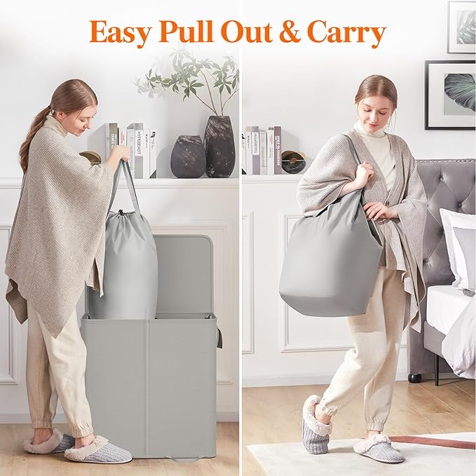 Lifewit Double Laundry Hamper with Lid and Removable Laundry Bags, Large Collapsible 2 Dividers Dirty Clothes Basket with Handles for Bedroom, Laundry Room, Closet, Bathroom, College, 136L Silver Gray