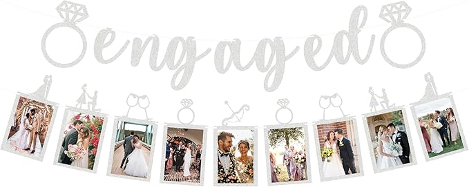Pre-Strung Engaged Photo Banner - Silver Glitter Engagement Party Decoration Supplies with Romantic Memories Picture Card ...