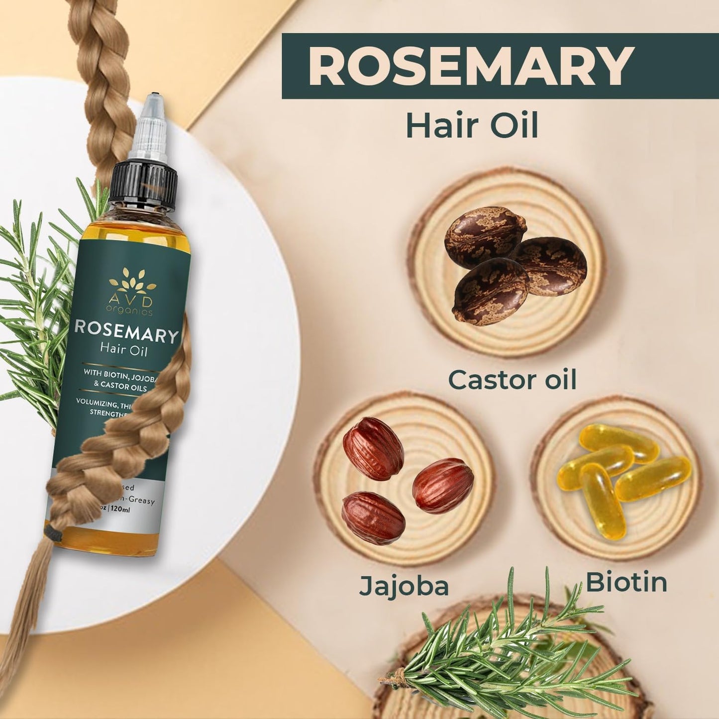 AVD ORGANICS Pure Rosemary Oil for Hair Growth (4.05 fl oz) Infused with Biotin Jojoba & castor Oil | Hair strengthening Treatment | Nourishing & Volumizing– Strengthening, | Non-GMO verified