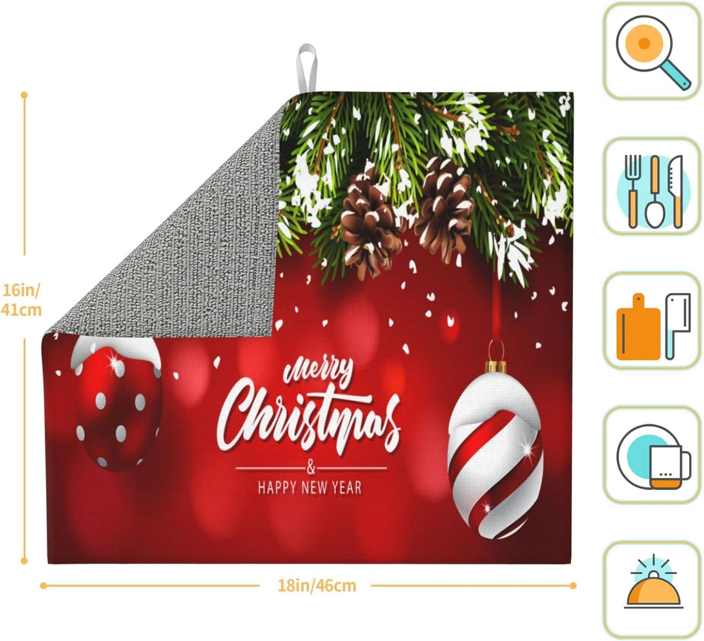 Christmas Dish Drying Mat Red for Kitchen Counter Ball Fir Branch Absorbent 16x18 Inch Microfiber Dishes Protector Dry Draining Pad Reversible Washable…