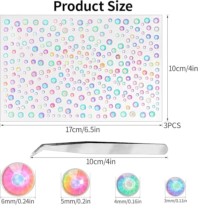 Self Adhesive Face Gems and Pearls for Makeup, Festival Jewels, Hair Gems, Rhinestone Stickers for Face, Eye, Makeup, Nail, Body, Crafts 3/4/5/6 mm 975Pcs (18.gem_Aurora)