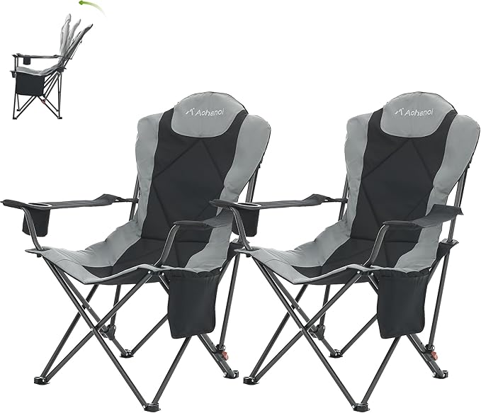 Aohanoi Camping Chairs, Portable 2 Pack Camp Chairs for Heavy People with Adjustable Angled Backrest, Outdoor Folding Camping Chairs for Outside Supports up to 350lbs, Carry Bag Included