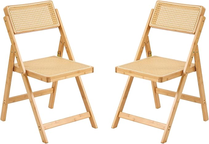 Furlide Rattan Folding Chairs, Modern Mid Century Dining Chairs Set of 2, Outdoor Bamboo Chair for Bedroom Living Room Reading Room Dining Kitchen, Wood