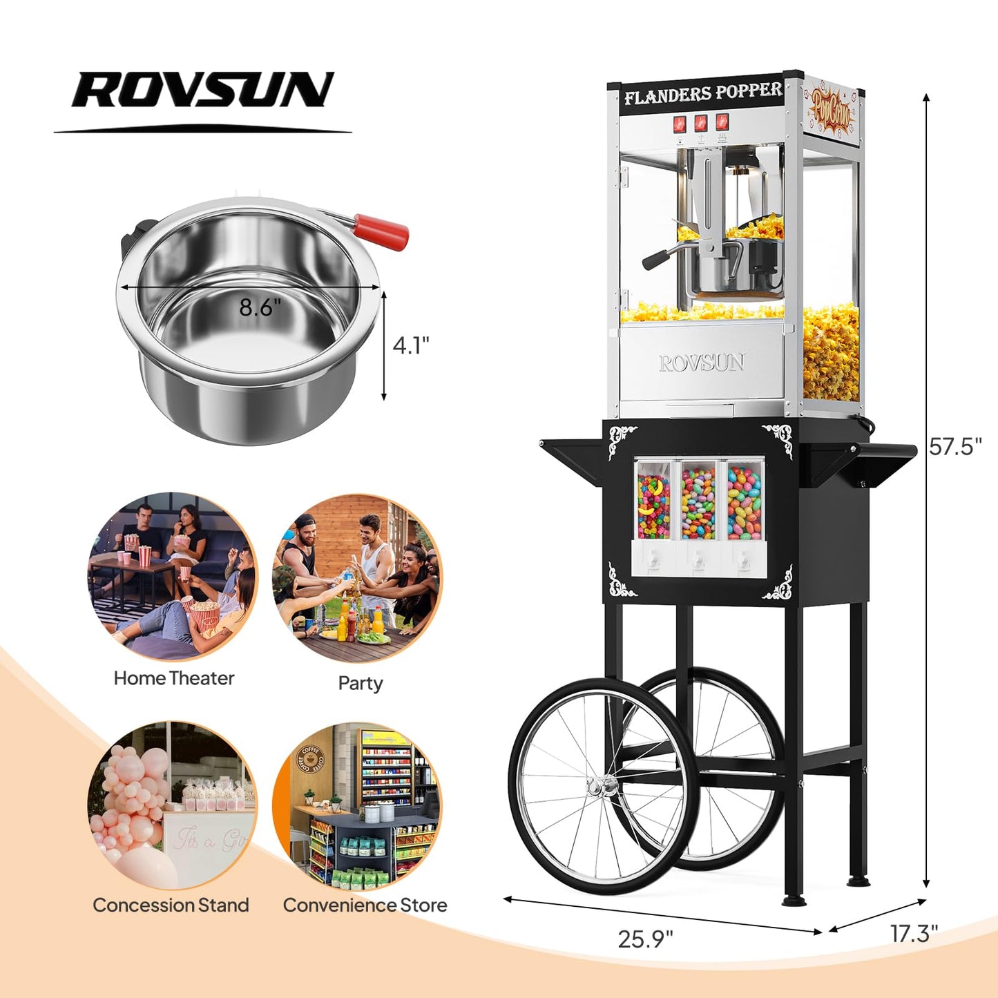 ROVSUN Popcorn Machine Cart with Candy Dispenser, 10 Oz Kettle Makes Up to 4 Gallons ETL, Popcorn Maker w/Scoop, Oil Spoon, Bags & Cups, Movie Theater Style Popper for Commercial Home Party, Black