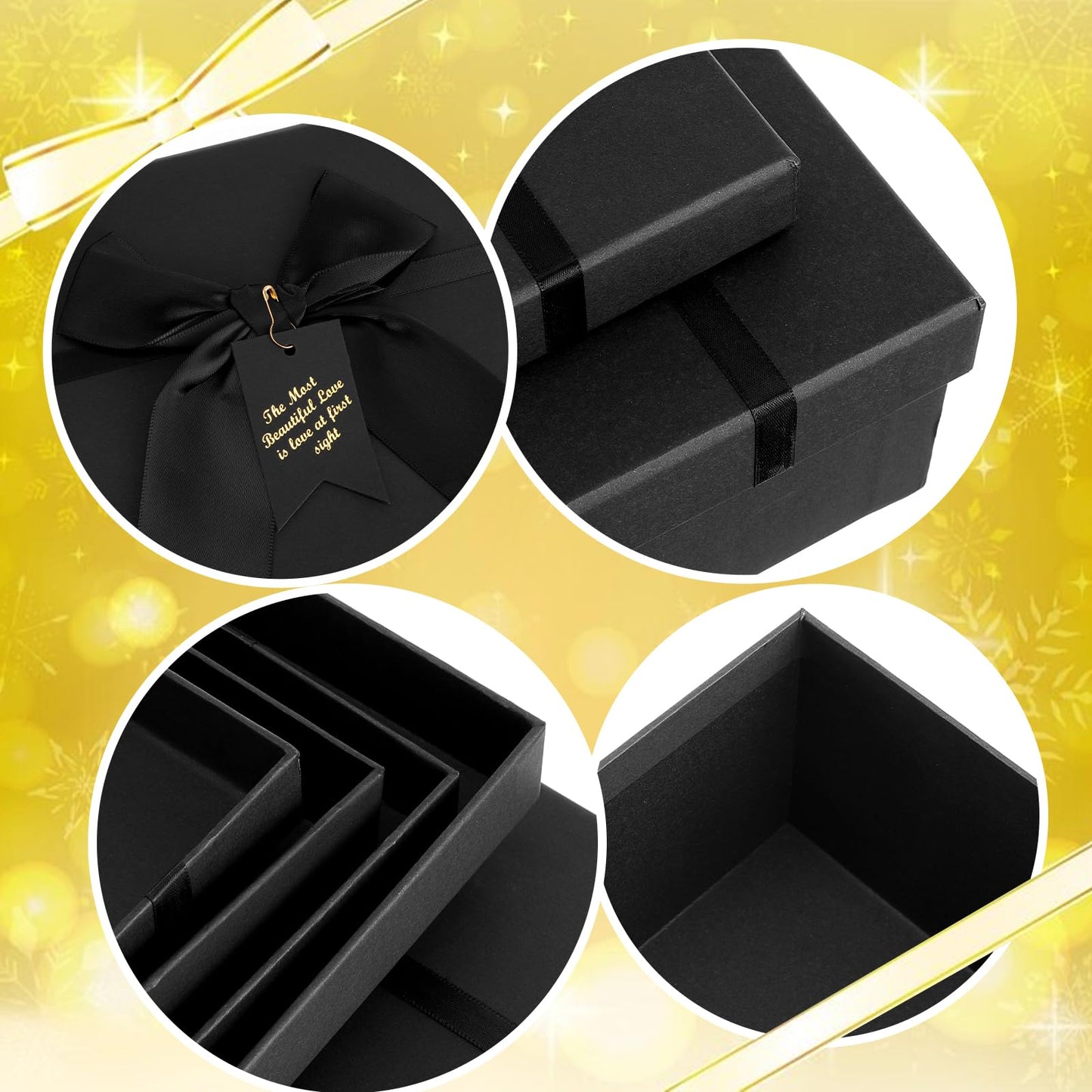 5 Pack Black Nested Gift Boxes with Lid for Valentine's Presents, 5 Sizes Luxury Packaging Box with Ribbon Bows and Label Gift Wrap for Thanksgiving Birthday, Weddings, Mother's Day 13.7'' to 5.1''