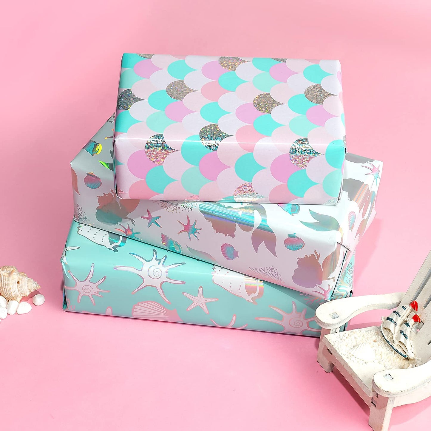 WRAPAHOLIC 30 Inch Mermaid Wrapping Paper - Jumbo Roll Colorful Foil Girls Wrapping Paper for Kids Girls Birthday, Baby Shower - 4 Rolls - 30 Inch X 120 Inch Per Roll