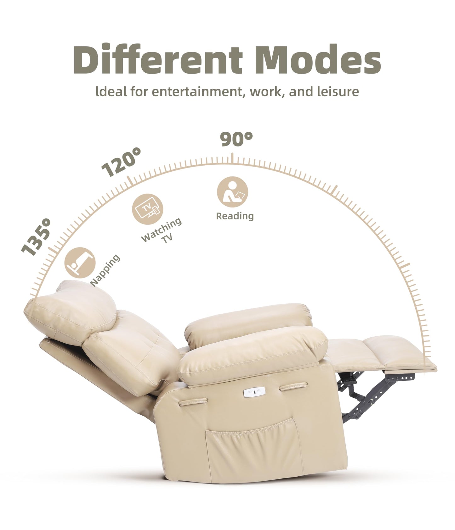 Swivel Rocker Recliner Chair, Massage Recliner Chair with Heat, 360° Swivel PU Leather Manual Recliner for Adults, Long Sitting Fatigue Relief and Shoulder Neck Relaxation, Beige
