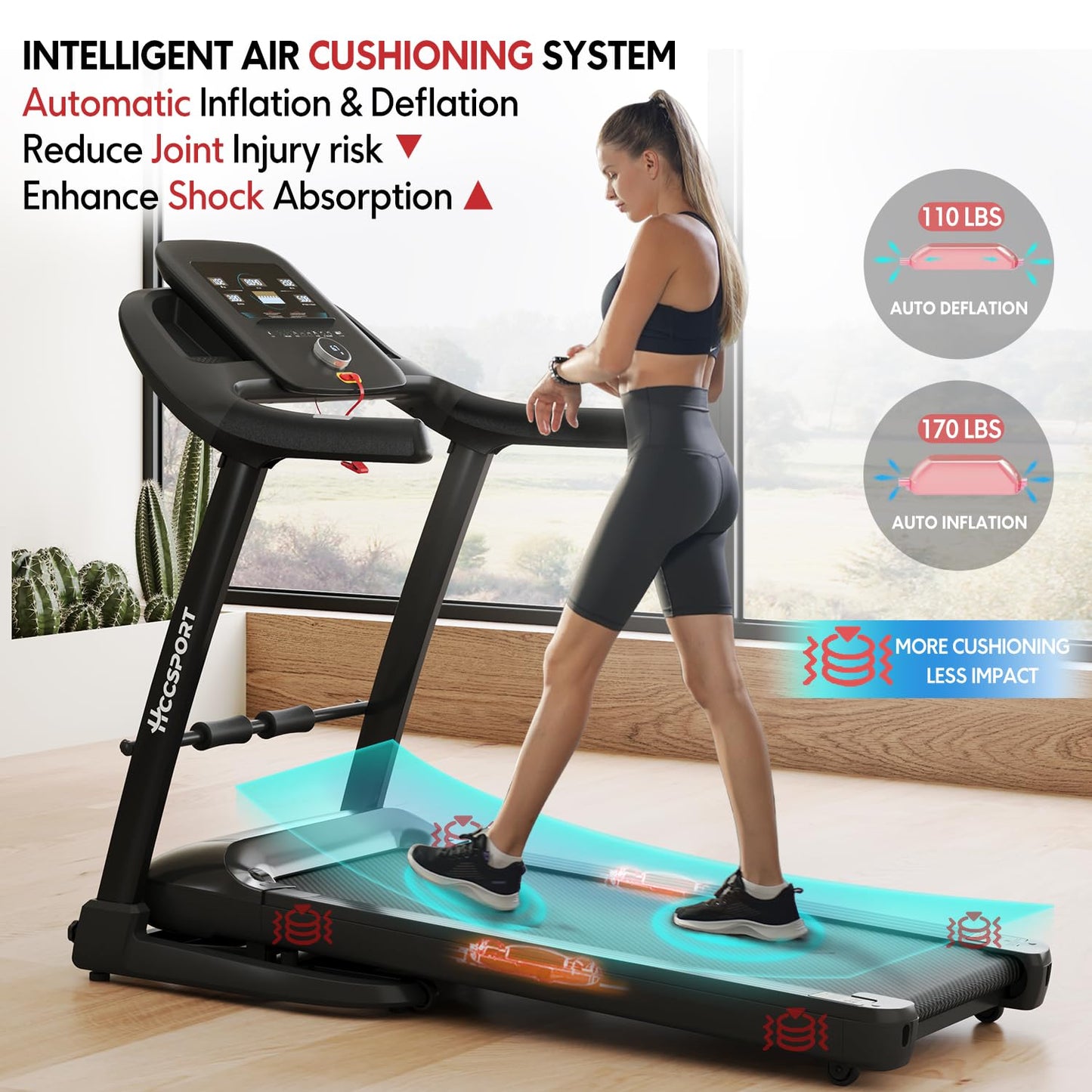 Walking Treadmill with 16% Auto Incline, Air Cushioning Shock Absorption 350lb Weight Capacity Foldable Treadmill for Home Office with Pulse Sensors, 10 Mph Speed 18.5'' Wide Belt Quiet Motor