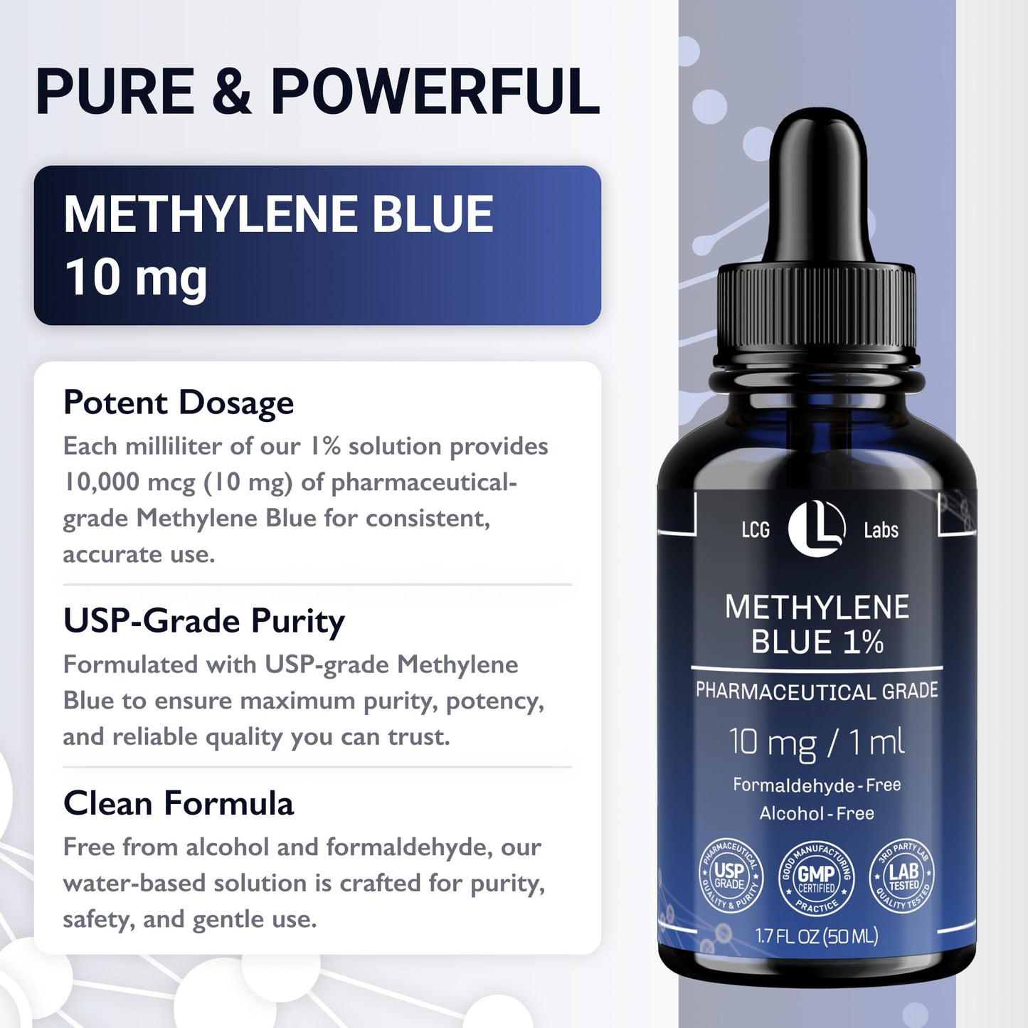 LCG LABS Methylene Blue Drops - Methylene Blue Pharmaceutical Grade 1% - Liquid Drops Aqueous Solution 10 mg / 1 ml - Third Party Tested - Formaldehyde & Alcohol-Free - Made in USA 1.7 Fl OZ