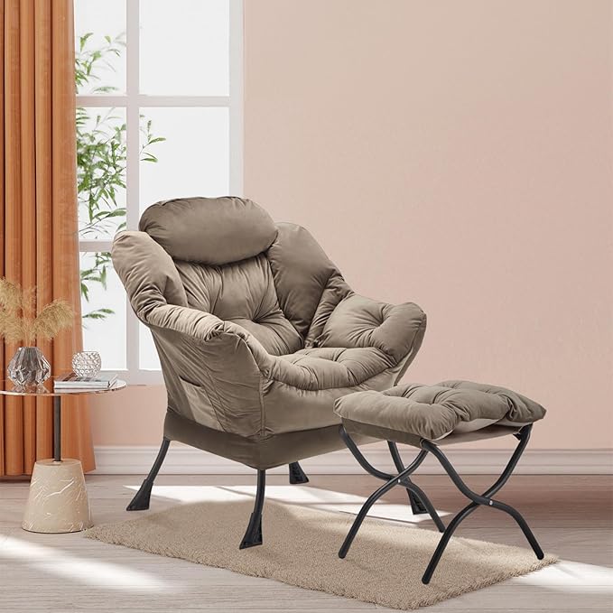 Youtanic Lazy Chair with Folding Ottoman, Accent Chair Velvet Upholstered with Metal Structure and Non-Slip Pads, Sofa Armchair with Footrest and Side Storage Bag for Dorm, Room, Office, Dark Gray