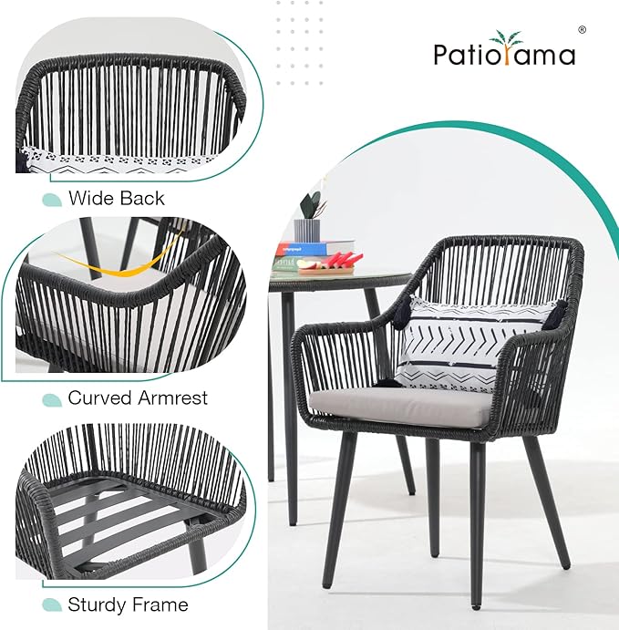 Patiorama Outdoor Dining Chairs, Patio Dining Chair Set of 4, All-Weather Woven Rope Rattan Chairs, Outdoor Dining Wicker Chairs with Armrests for Indoor Balcony Pool Backyard(Black)