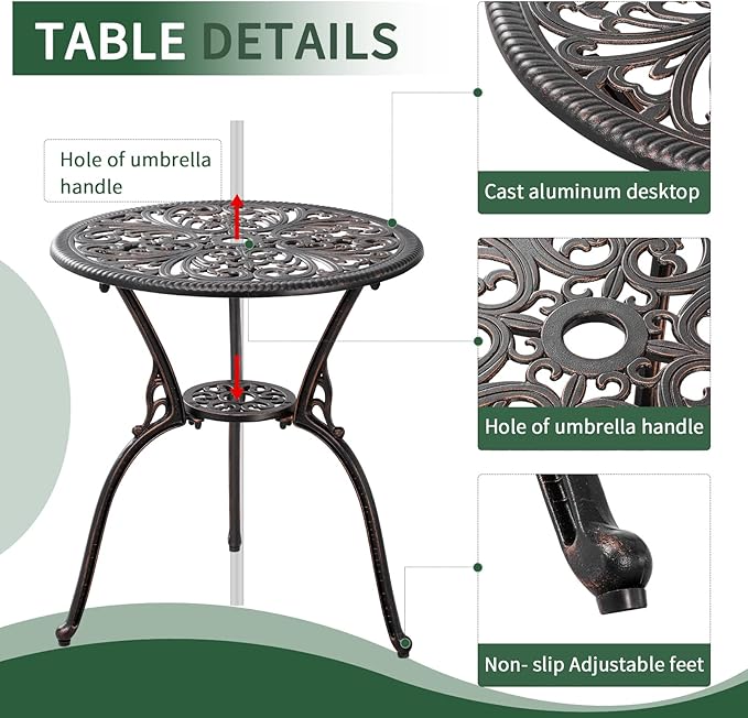 Withniture 3 Piece Patio Set Outdoor Bistro Set,Cast Aluminum Bistro Table and Chairs Set of 2 with Umbrella Hole,All Weather Patio Bistro Sets for Front Porch Set Garden,Backyard(Brown)