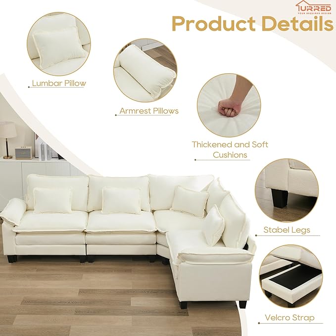 URRED Cloud Couch Modular Sectional Sofa, 116" Modern L Shaped Deep Seat Sofa with Pillows, Ultra Comfy Chenille Corner Couches for Living Room, Bedroom or Apartment, White