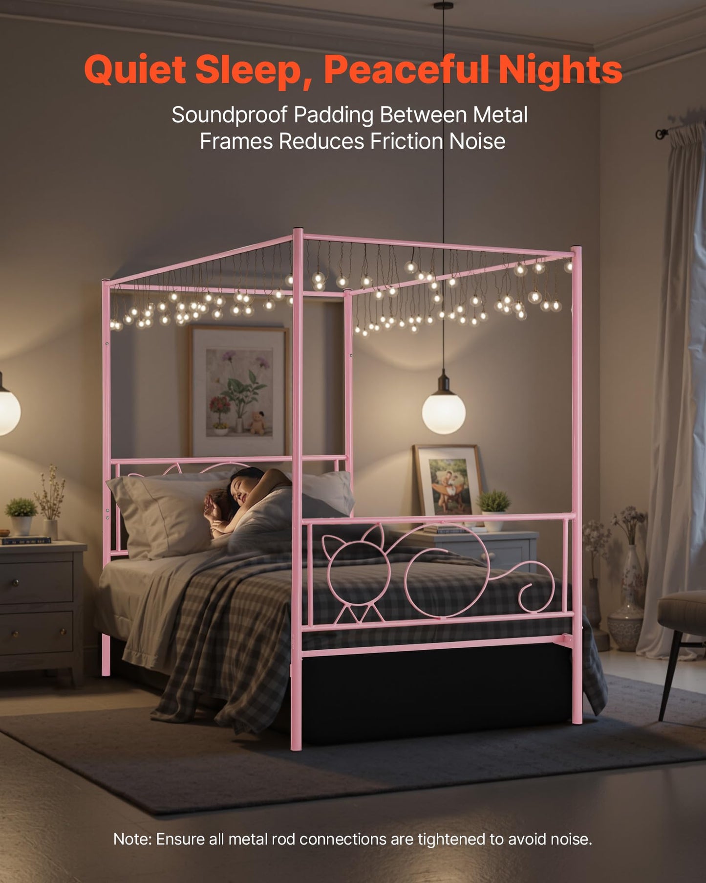 VEVOR Twin Size Canopy Bed Frame, Metal Canopy Bed with Minimalist Headboard & Four Posters Design, Heavy Duty Steel Slats Support, Underbed Storage Space, No Box Spring Needed, Easy Assembly, Pink