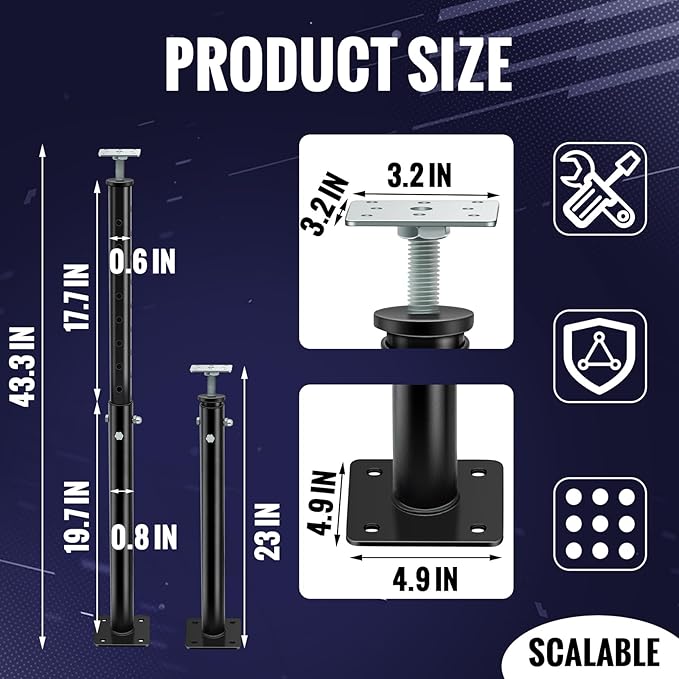 Yaocom 4 Pack Winter Adjustable Floor Jack Post Basement House Floor Jack Steel Support Jacks Post Pole for Porch Roof Deck Heavy Load Areas, 23.23"-43.31" Adjustable Height, Black