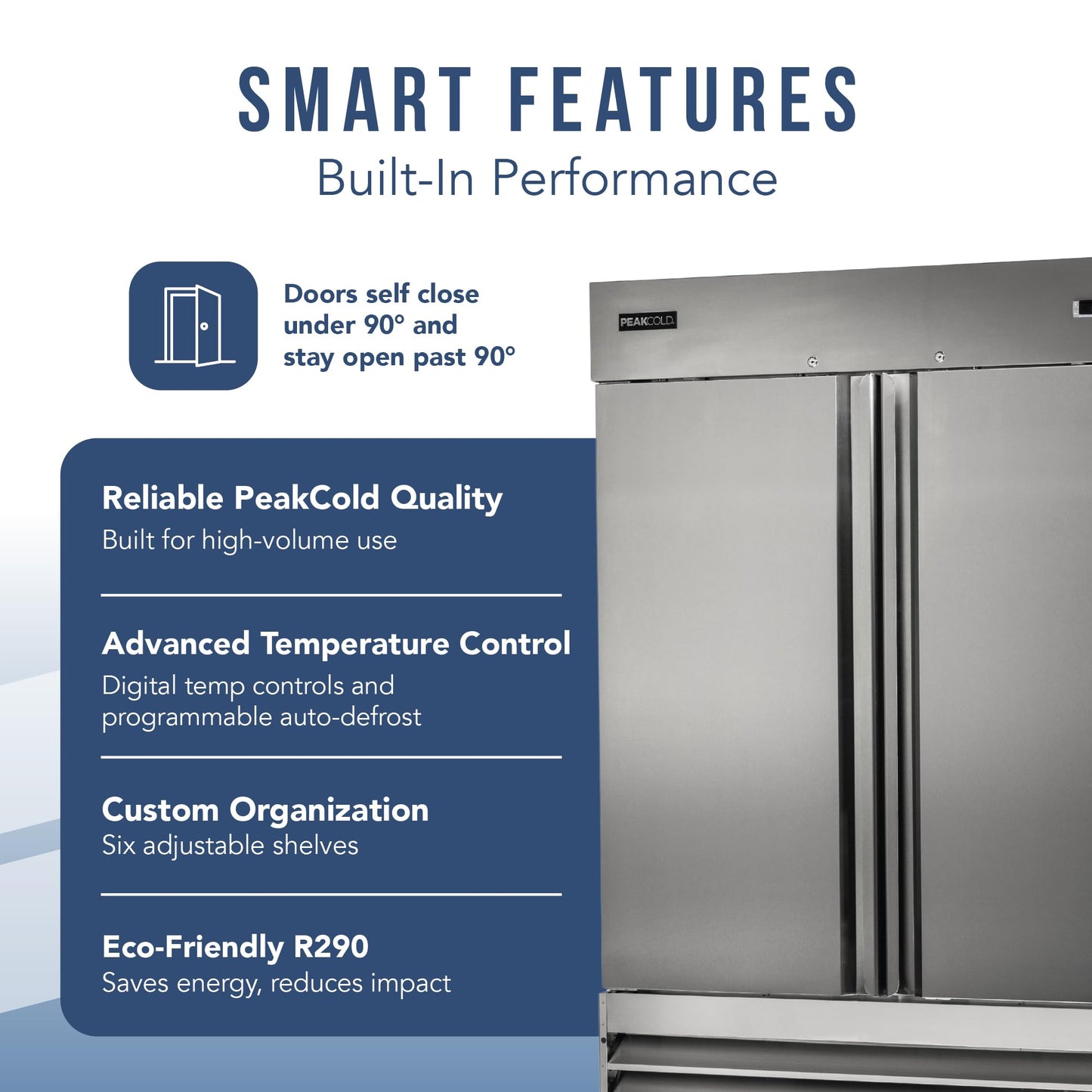 PEAKCOLD Double Door Commercial Refrigerator - 47 Cubic Ft, 54" Wide Stainless Steel Reach-In Commercial Refrigerator with White Internal Lighting - Freestanding Industrial Fridge