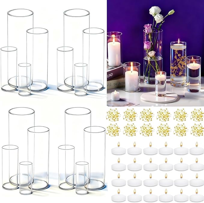 UDU 16 Set Glass Cylinder Vases for Centerpieces with 80000 Clear Beads 24 White Floating Candles 12 Pearl String Center P...