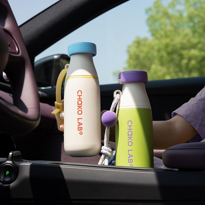 CHAKO LAB Insulated Stainless Steel Water Bottle with Two Strap | BPA-Free Leak Proof | 17oz Bottle with Spout Lid & Straw | Melon Cheese