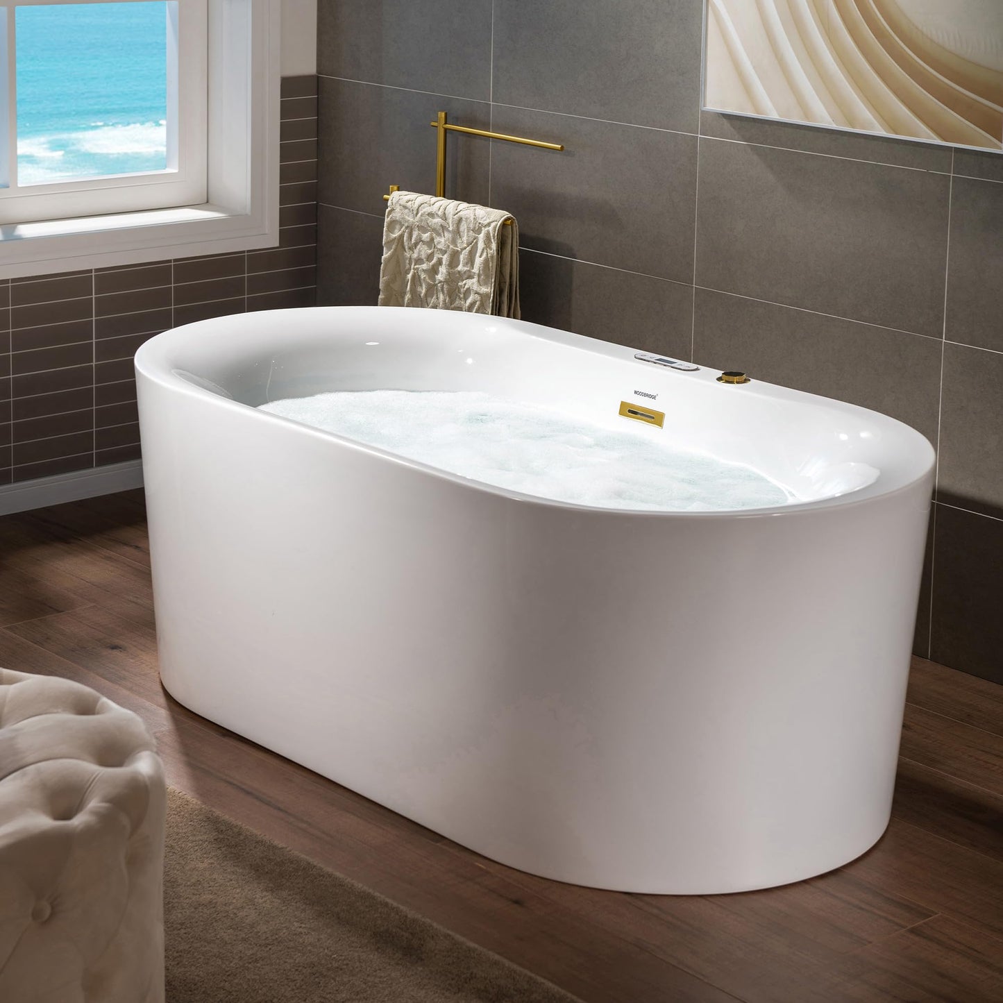 WOODBRIDGE 59" x 31-1/2" Whirlpool and Air Bath Heated Soaking Combination Tub with Adjustable Speed Air Blower and Display Control Panel, Brushed Gold Finish Trim and Drain Kit,BG100