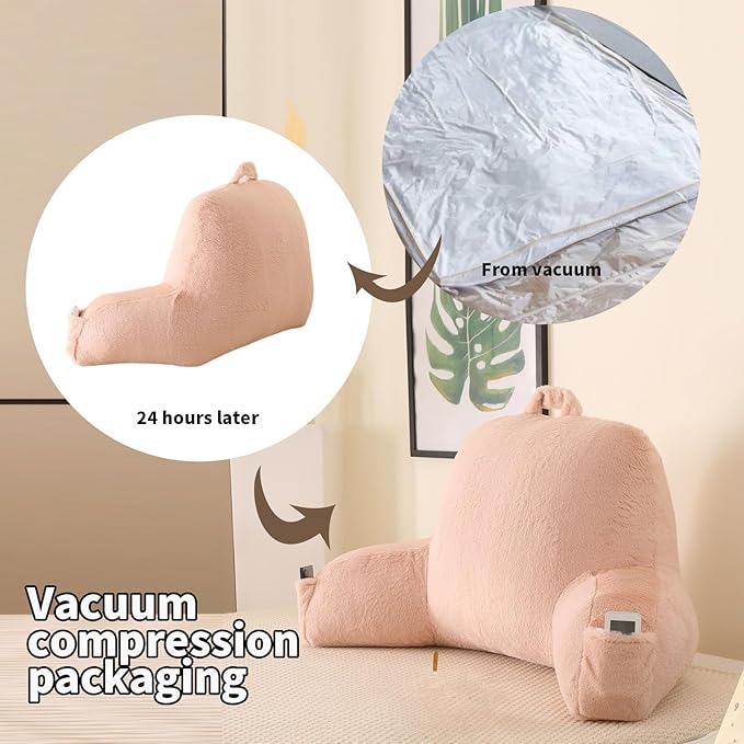 PAJEO Reading Pillow for Sitting in Bed, Large Backrest Reading Pillow with Arm Rest,Back-Rest Support Cushion for Sit Up on Couch, Sofa, and Floor(Shell Pink Faux Fur, Standard(17"))