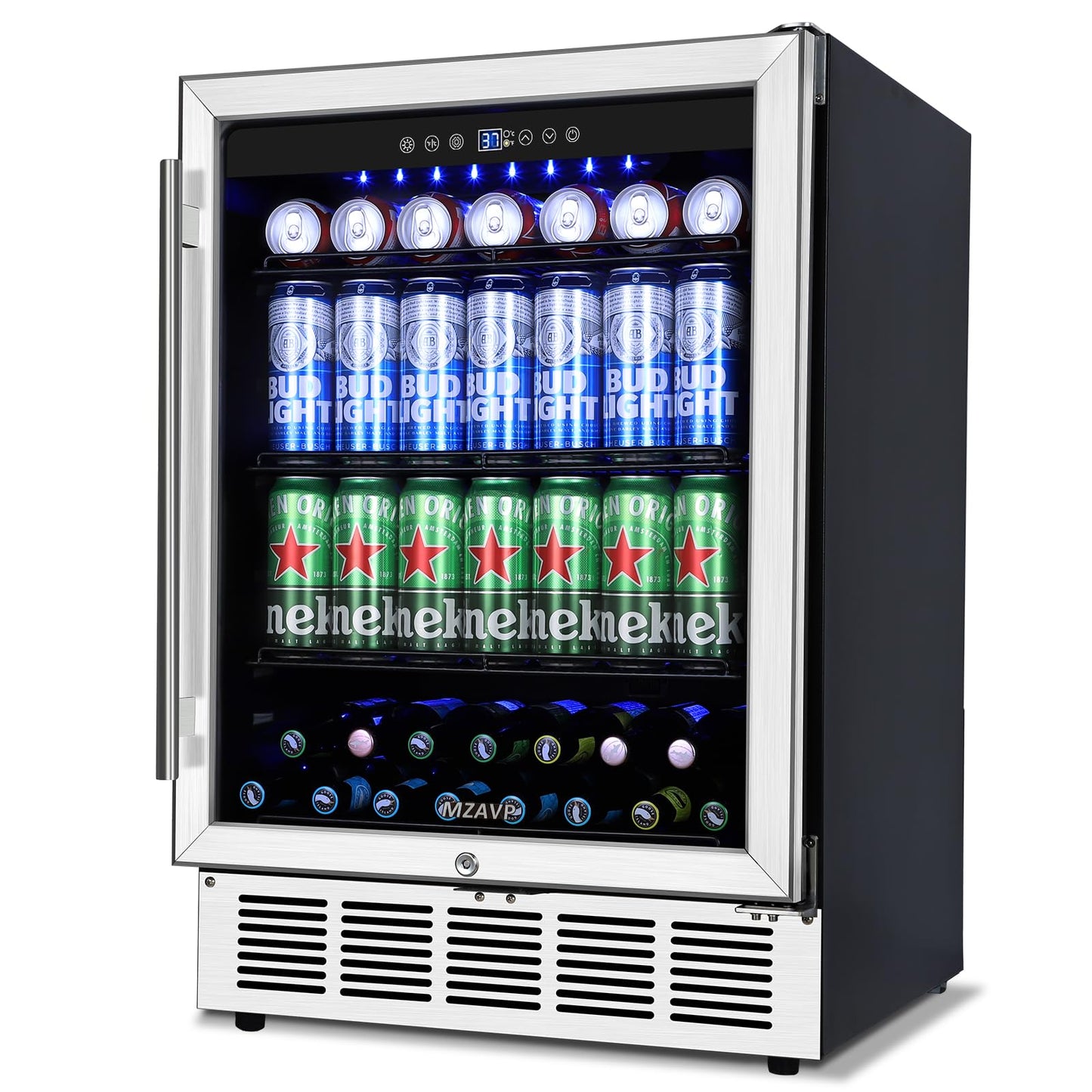 MZAVP 24 Inch Beverage Refrigerator, 180 Cans Built-in Beverage Cooler with Glass Door, Under Counter or Freestanding Drink Fridge with LED Light & Adjustable Shelves For Home Bar Office - Silver